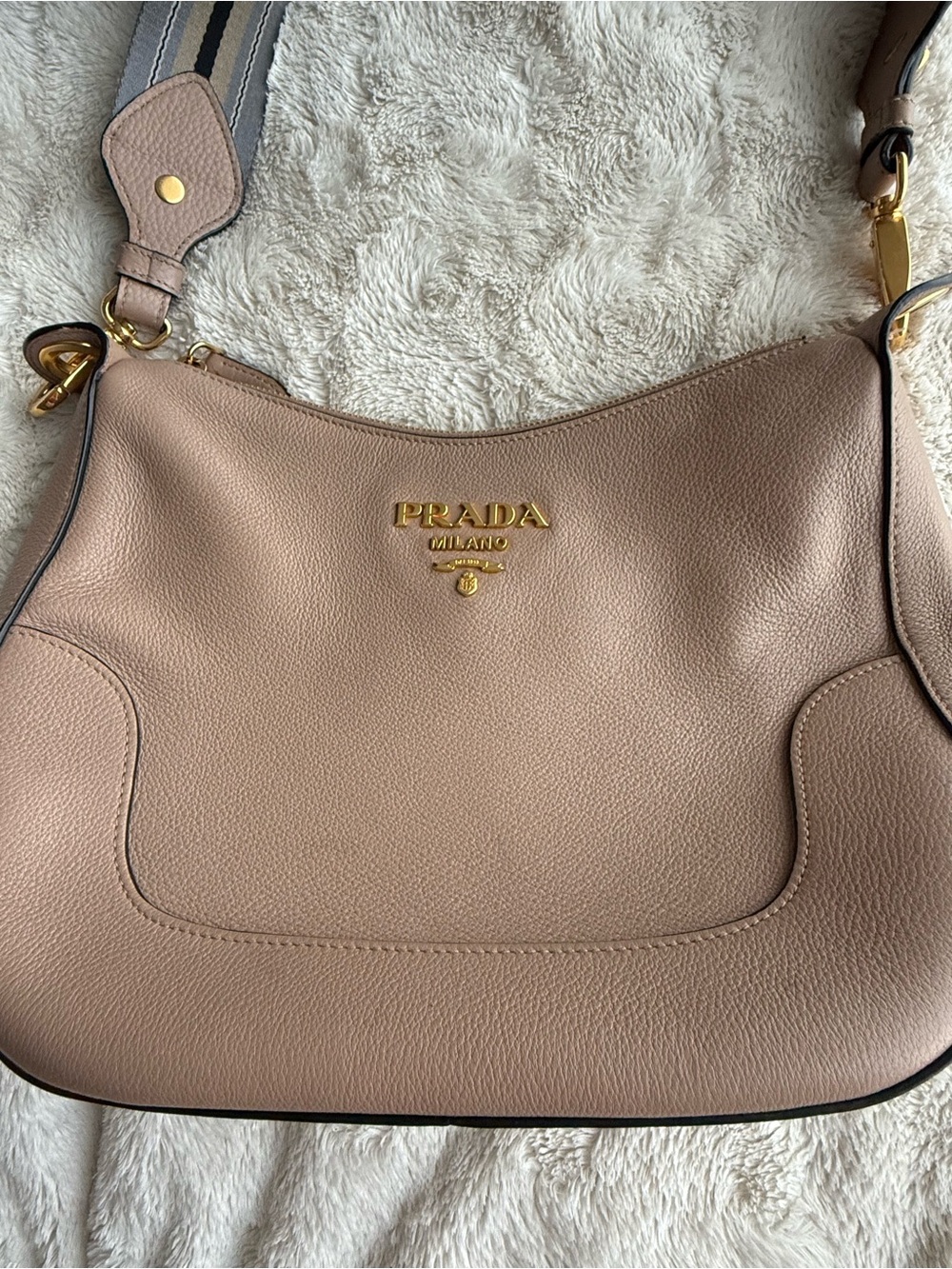 Prada Soft Nude Pebbled Leather Shoulder Bag with Gold Logo